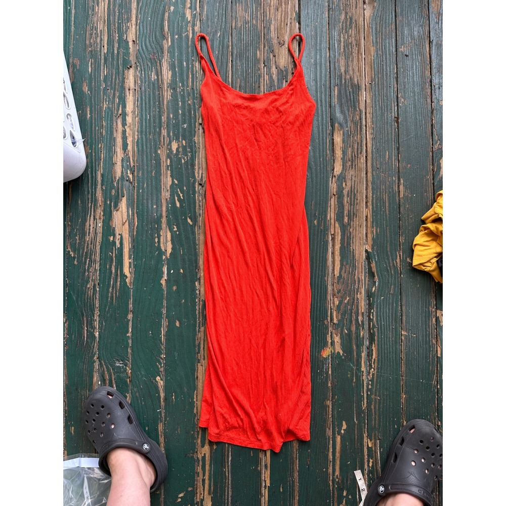 HM Basics Ribbed Midi Dress Orange Red Spaghetti Strap Scoop Neck Mens Size M